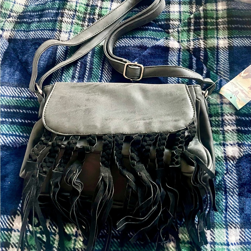 Heritage West Black Braided Fringe Crossbody Bag, NWT